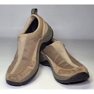 LL Bean Womens Shoes Size 7 Medium Brown Tan Suede Mesh Comfort Slip On Moccasin